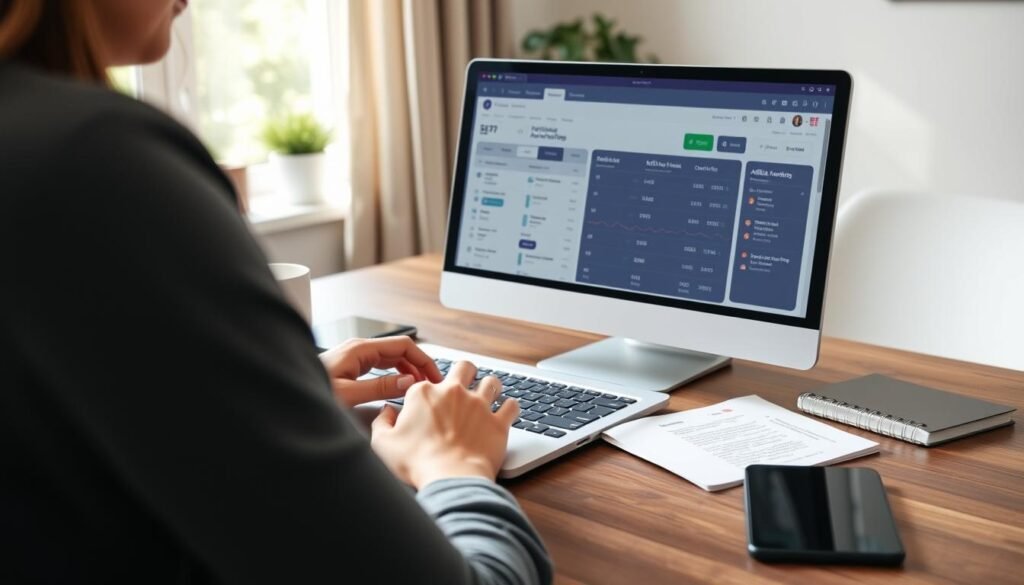 Blogger creating affiliate content for Canadian audience, demonstrating affiliate marketing as a way to make money online in Canada Blogger creating affiliate content for Canadian audience, demonstrating affiliate marketing as a way to make money online in Canada