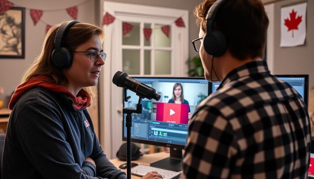 Canadian content creator recording video for YouTube channel, showing content creation as a way to make money online in Canada Canadian content creator recording video for YouTube channel, showing content creation as a way to make money online in Canada