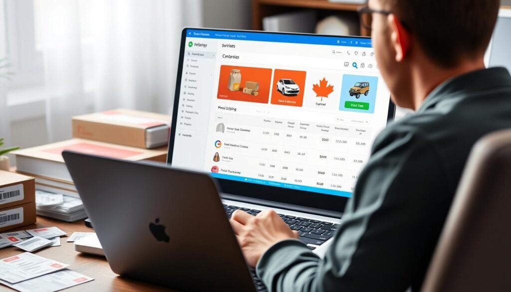 Canadian entrepreneur managing dropshipping store on laptop, showing dropshipping as a way to make money online in Canada Canadian entrepreneur managing dropshipping store on laptop, showing dropshipping as a way to make money online in Canada