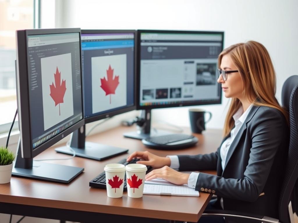Canadian freelancer working on multiple projects for clients, showcasing freelancing as a way to make money online in Canada Canadian freelancer working on multiple projects for clients, showcasing freelancing as a way to make money online in Canada