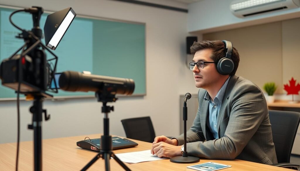 Canadian instructor recording online course content, showing course creation as a way to make money online in Canada Canadian instructor recording online course content, showing course creation as a way to make money online in Canada