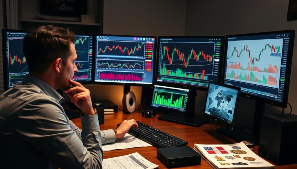 Canadian investor analyzing stock charts and cryptocurrency markets on computer, showing investing as a way to make money online in Canada Canadian investor analyzing stock charts and cryptocurrency markets on computer, showing investing as a way to make money online in Canada