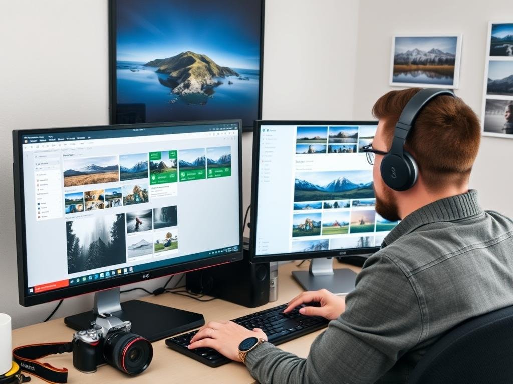 Canadian photographer editing photos for stock websites, showing stock photography as a way to make money online in Canada Canadian photographer editing photos for stock websites, showing stock photography as a way to make money online in Canada