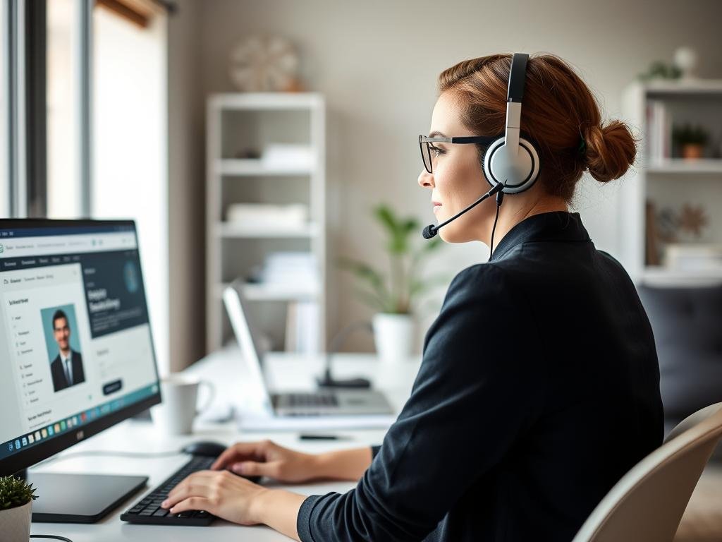 Canadian remote customer service representative working from home office, showing customer service as a way to make money online in Canada Canadian remote customer service representative working from home office, showing customer service as a way to make money online in Canada