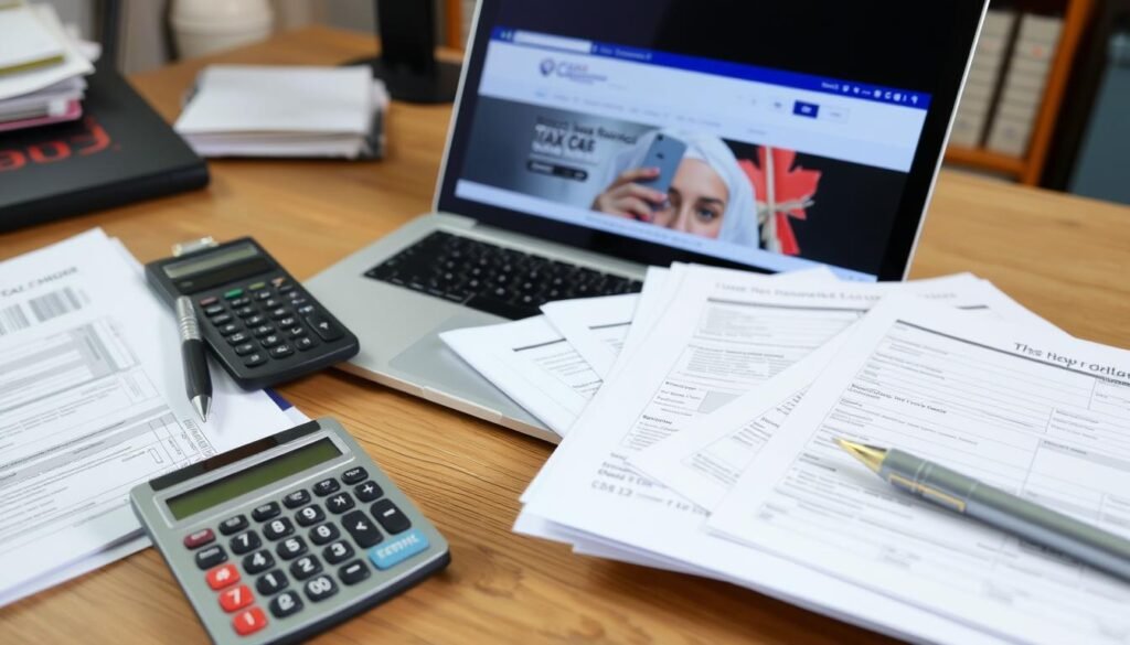 Canadian tax forms and laptop showing CRA website, representing tax considerations for making money online in Canada Canadian tax forms and laptop showing CRA website, representing tax considerations for making money online in Canada