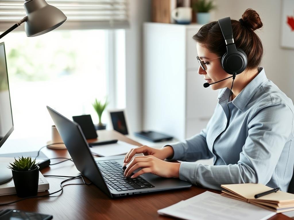 Canadian transcriptionist working on audio file transcription, showing transcription as a way to make money online in Canada Canadian transcriptionist working on audio file transcription, showing transcription as a way to make money online in Canada