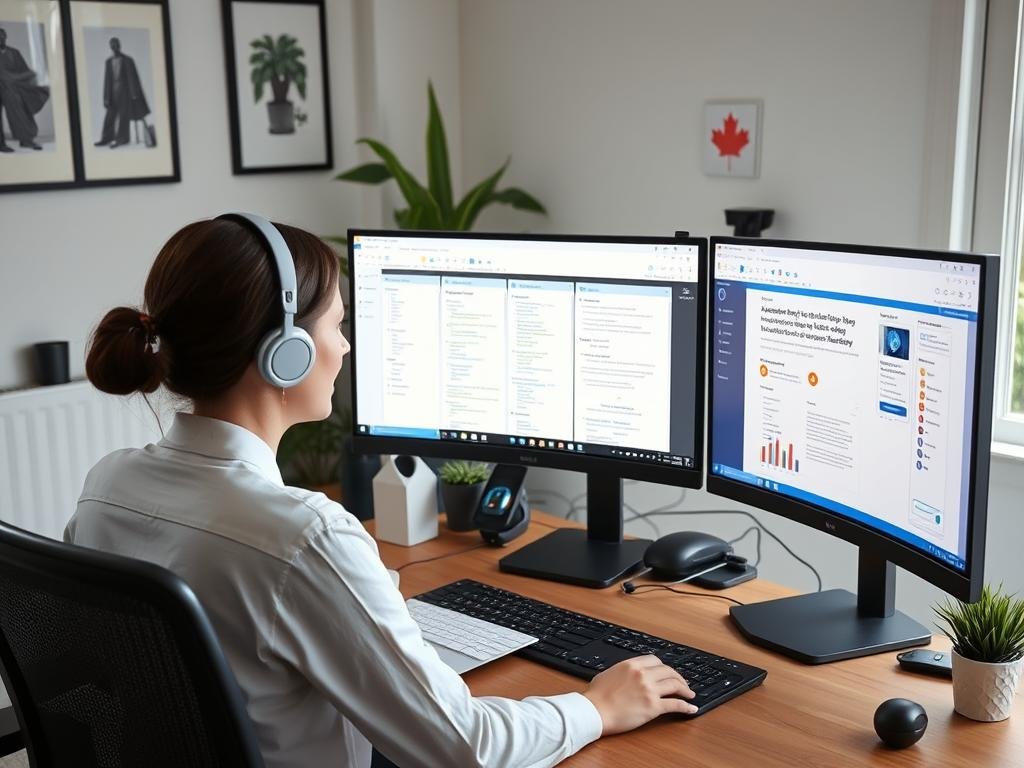 Canadian virtual assistant managing multiple tasks remotely, illustrating VA services as a way to make money online in Canada Canadian virtual assistant managing multiple tasks remotely, illustrating VA services as a way to make money online in Canada