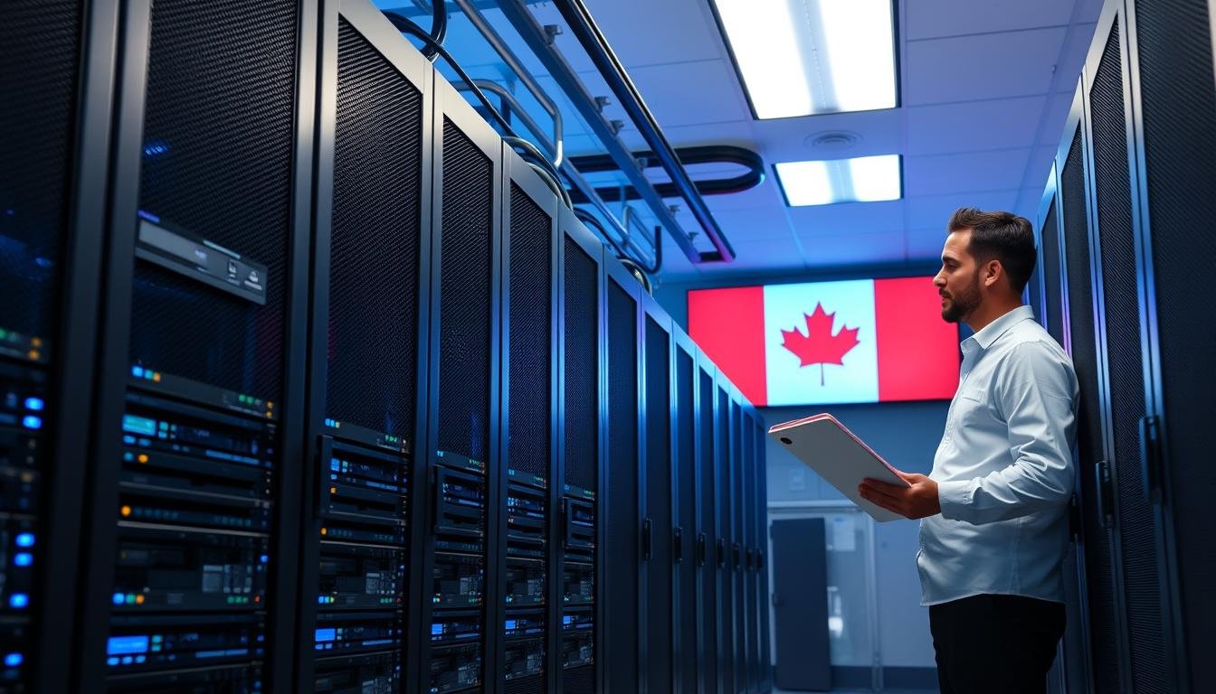 Canadian web hosting data center with servers and Canadian flag
