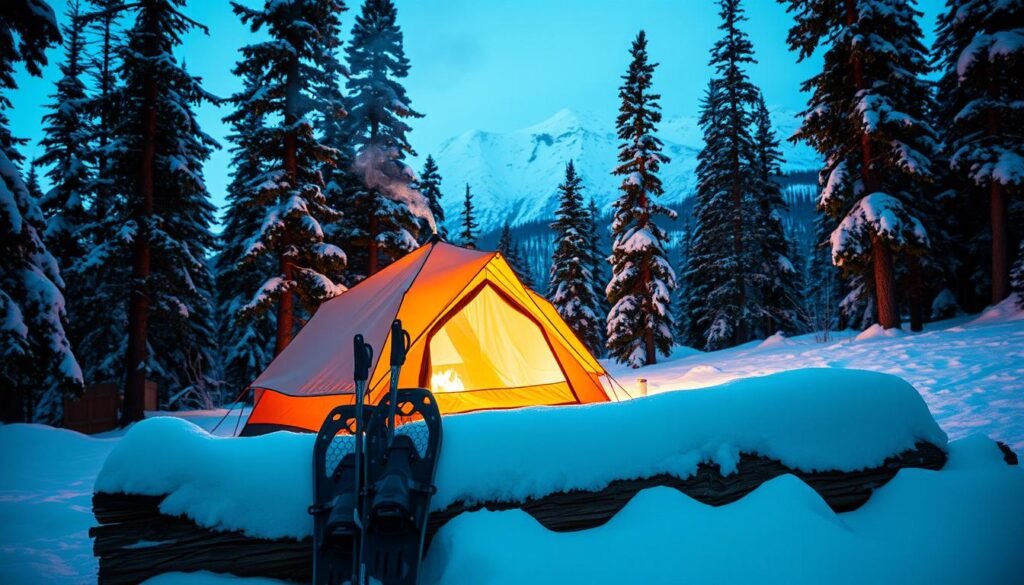 Cozy winter camping in the Canadian wilderness. A snowy forest scene with a well-equipped tent nestled among the tall pine trees. The tent is illuminated by a warm, inviting glow from within, contrasting the frigid, blue-tinted outdoor lighting. Wisps of smoke curl from the tent's chimney, hinting at a crackling campfire. In the foreground, a pair of snowshoes and ski poles are propped against a snow-laden log. The background features a majestic mountain range, its peaks capped in pristine white. An atmosphere of peaceful solitude and rugged adventure pervades the image.