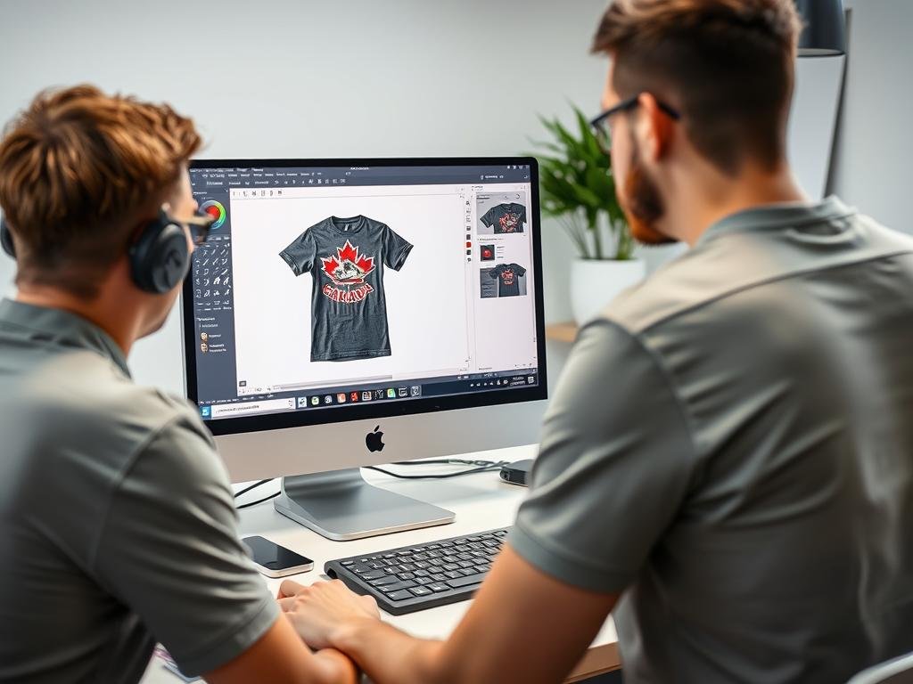 Designer creating custom t-shirt designs for print-on-demand store, showing POD as a way to make money online in Canada Designer creating custom t-shirt designs for print-on-demand store, showing POD as a way to make money online in Canada