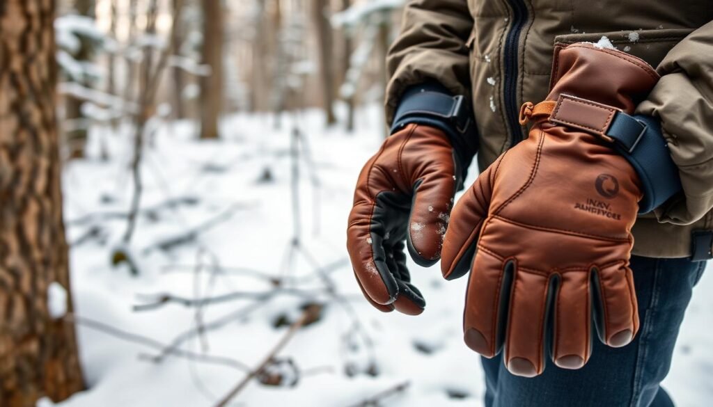 Durable cold weather hiking gloves made from high-quality leather and insulated with premium down. The gloves are detailed with rugged stitching, reinforced palms, and adjustable wrist straps for a secure and comfortable fit. Photographed in a snowy, wooded environment with diffused natural lighting, the gloves appear warm and protective, ready to tackle the challenges of Canadian winter hiking.