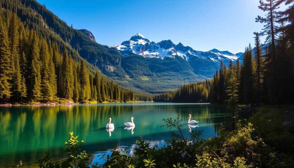 Lush, verdant forests stretch out as far as the eye can see, their towering pines and firs reaching skyward. In the foreground, a serene, crystal-clear lake reflects the surrounding landscape, its glassy surface dotted with the graceful silhouettes of swans. Sunlight filters through the canopy, casting a warm, golden glow over the entire scene. A rugged, snow-capped mountain range rises majestically in the distance, its peaks piercing the azure sky. The air is crisp and clean, and the tranquil atmosphere invites one to pause and soak in the natural beauty of this picturesque Canadian landscape.