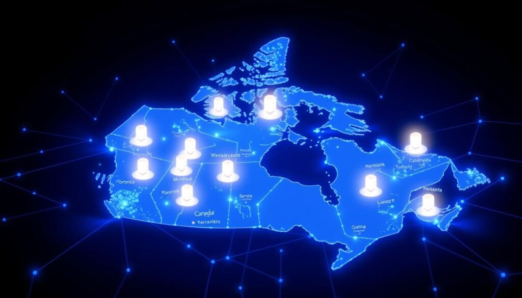 Map of Canada showing web hosting server locations in major cities