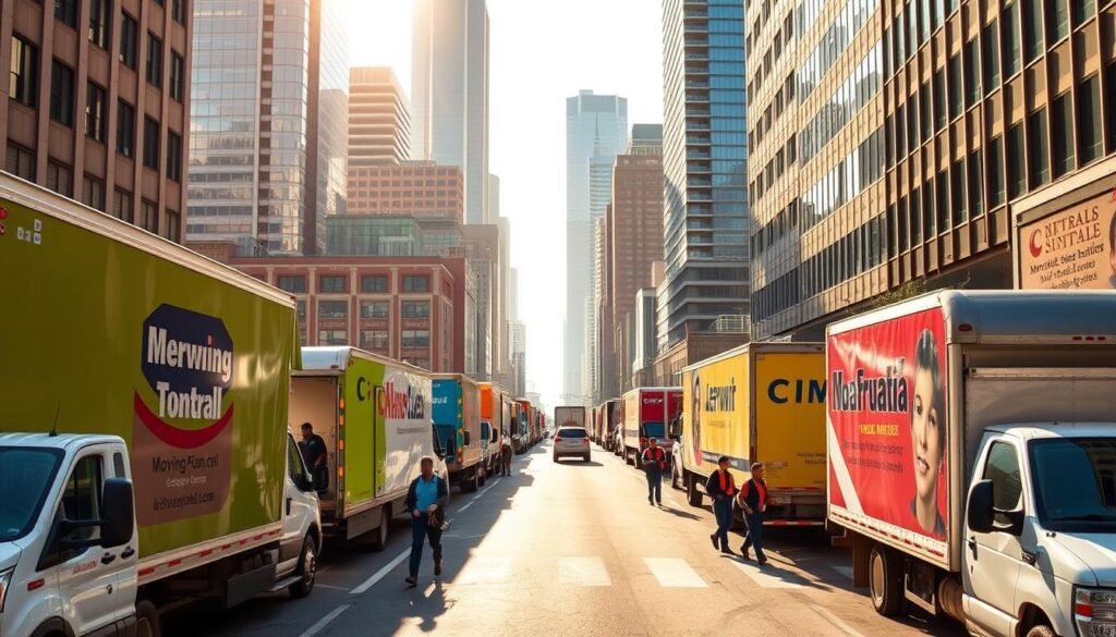 Moving companies in Montreal, bustling city streets with towering skyscrapers in the background. Colorful moving trucks line the curbs, their logos and branding clearly visible. Hardworking movers in uniforms carefully load and unload belongings, navigating the urban landscape with expertise. Sunlight filters through the cityscape, casting warm tones and long shadows. The scene exudes a sense of efficiency and professionalism, reflecting the reliable services offered by Montreal's top moving companies.