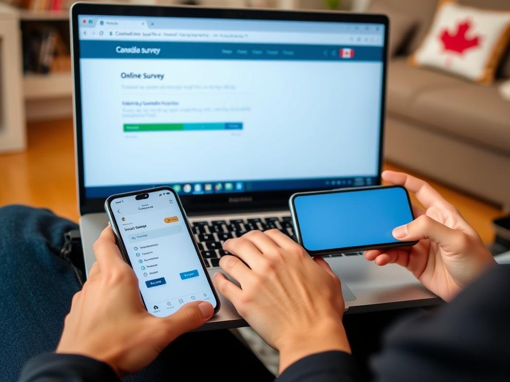 Person completing online surveys on laptop and smartphone, showing survey participation as a way to make money online in Canada Person completing online surveys on laptop and smartphone, showing survey participation as a way to make money online in Canada