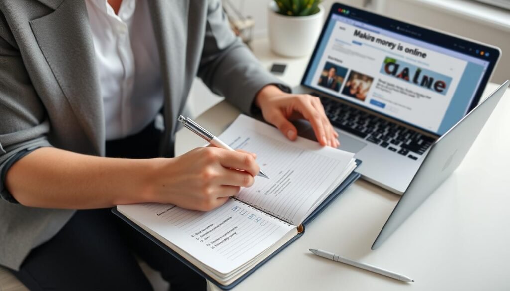 Person creating action plan for making money online in Canada with checklist and laptop Person creating action plan for making money online in Canada with checklist and laptop