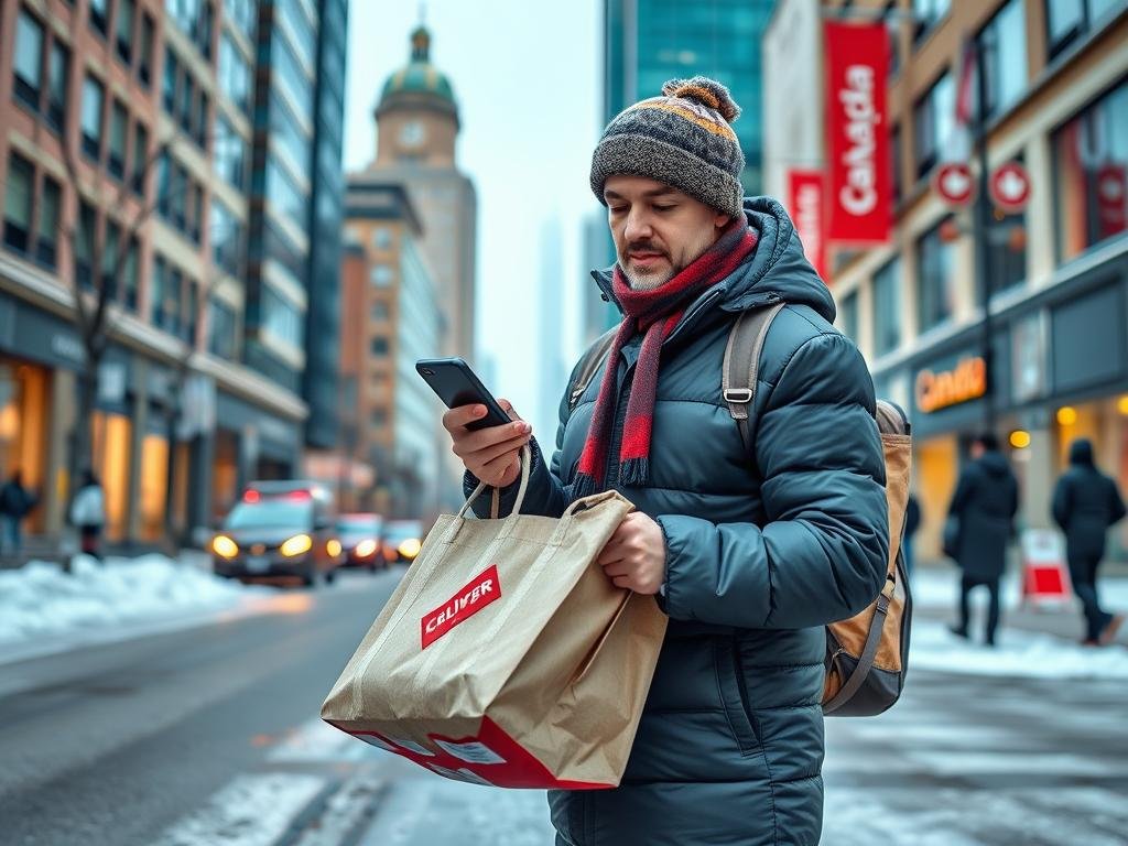 Person delivering food in a Canadian city using a delivery app