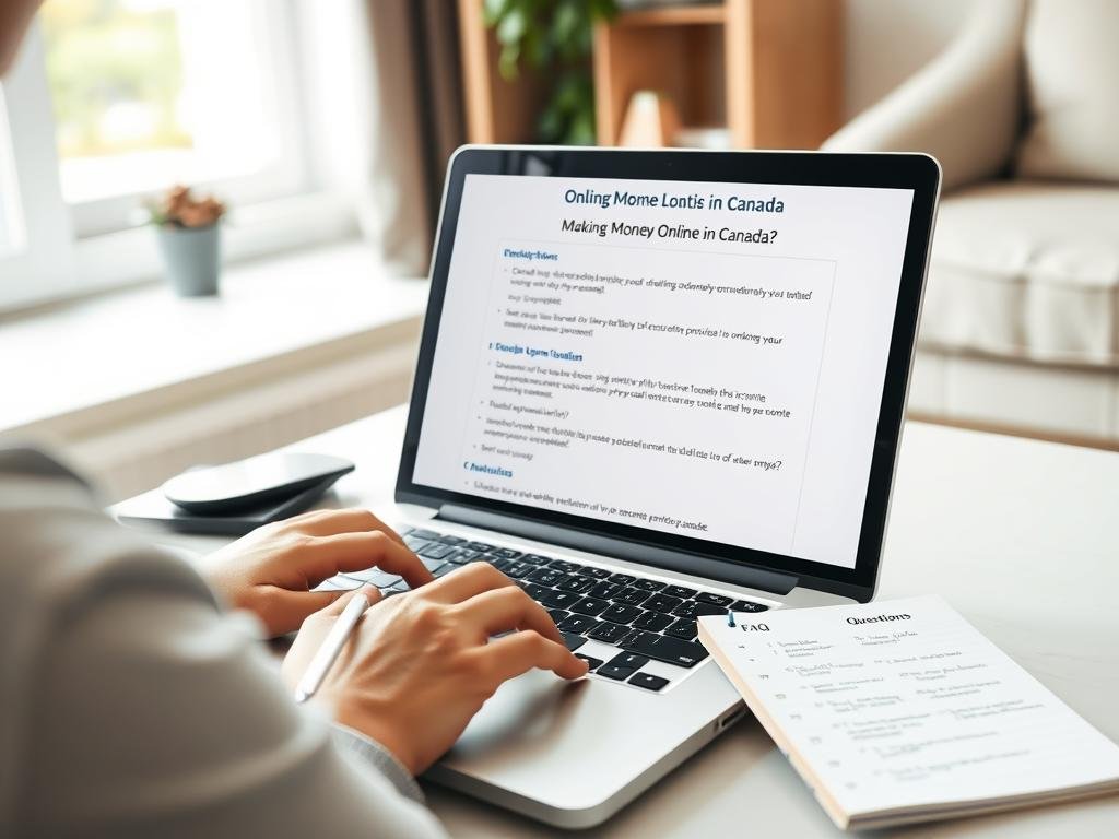 Person researching how to make money online in Canada on laptop with FAQ page visible Person researching how to make money online in Canada on laptop with FAQ page visible