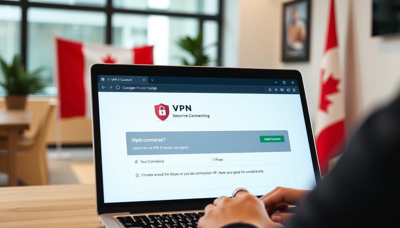 Person using VPN on laptop with Canadian flag in background