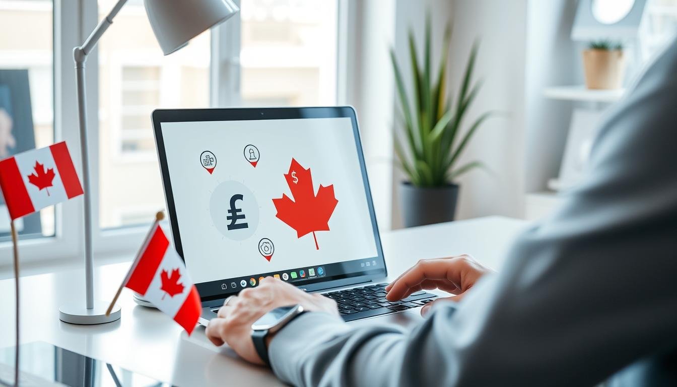 Person working on laptop with Canadian flag and money icons on screen, representing how to make money online in Canada