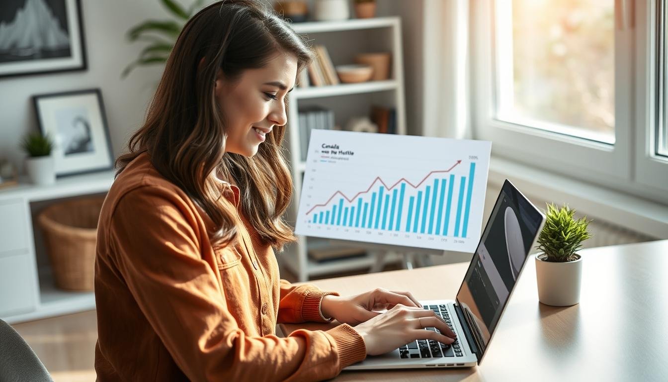 Person working on laptop with financial charts showing side hustle income growth in Canada