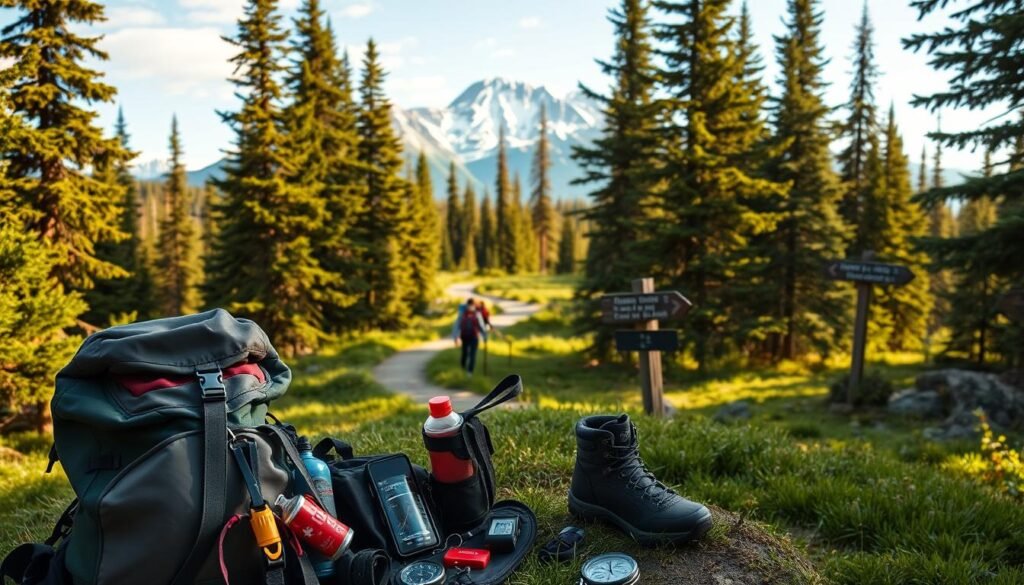 Scenic hiking trail in a lush Canadian forest, with towering evergreen trees, sunlight filtering through the canopy, and a winding path leading through the wilderness. In the foreground, a backpack, hiking boots, and essential safety gear such as a compass, first-aid kit, and water bottle are neatly arranged, conveying a sense of preparedness. The middle ground features hikers navigating the trail, with signposts providing directions and trail markers. In the background, a majestic mountain range rises, its peaks capped with snow, creating a breathtaking backdrop. The overall mood is one of adventure, safety, and the awe-inspiring natural beauty of the Canadian landscape.