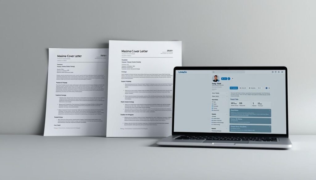 Sleek resumes and cover letters displayed against a minimalist grey background, set under soft, even lighting. Elegant typography and clean, modern design elements create a professional, AI-optimized aesthetic. In the foreground, a laptop screen showcases a polished LinkedIn profile, the layout optimized for maximum impact with recruiters. Subtle textures and gradients lend depth and sophistication to the scene, reflecting the care and attention needed to craft impressive digital job application materials in the age of AI screening.