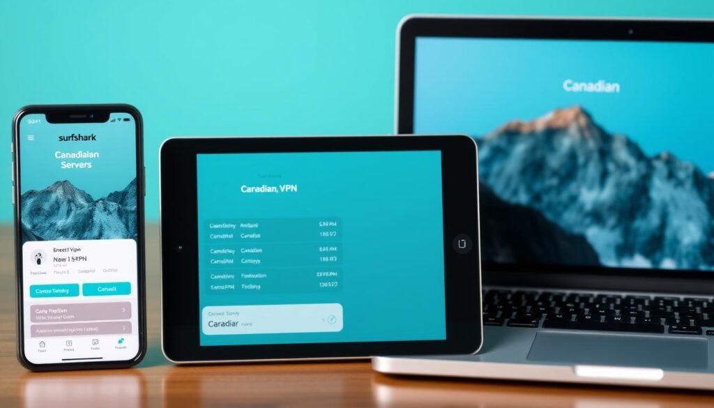 Surfshark VPN app interface on multiple devices Surfshark VPN app interface on multiple devices