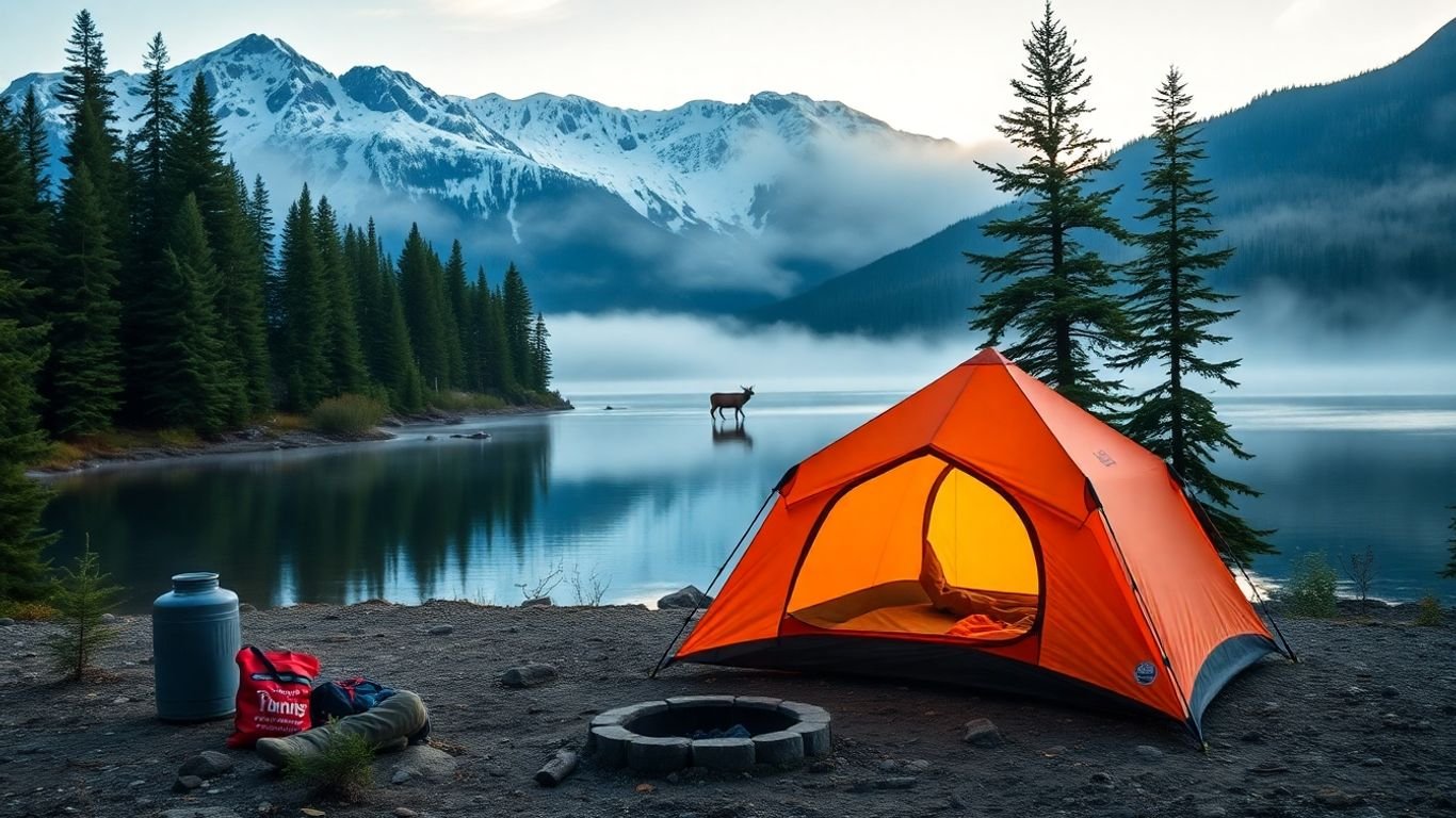 Campers by tent, Canadian Rockies lake, elk distant, sunrise mist.