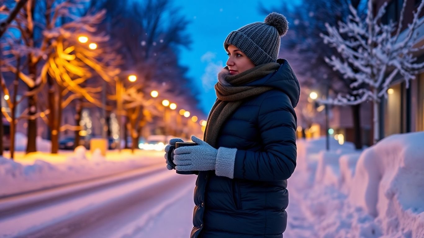 Person in parka walking Canadian street at twilight, breath visible.