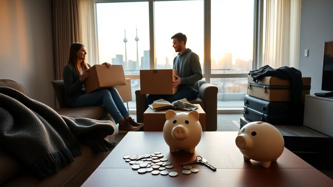 Couple unpacking boxes, counting Canadian dollars in Toronto apartment together
