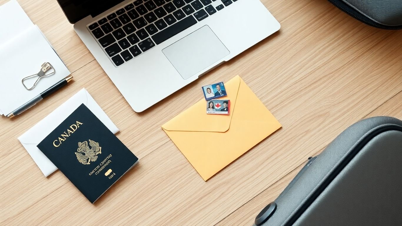 Canadian passport, documents, visa photos, and suitcase on wooden desk.